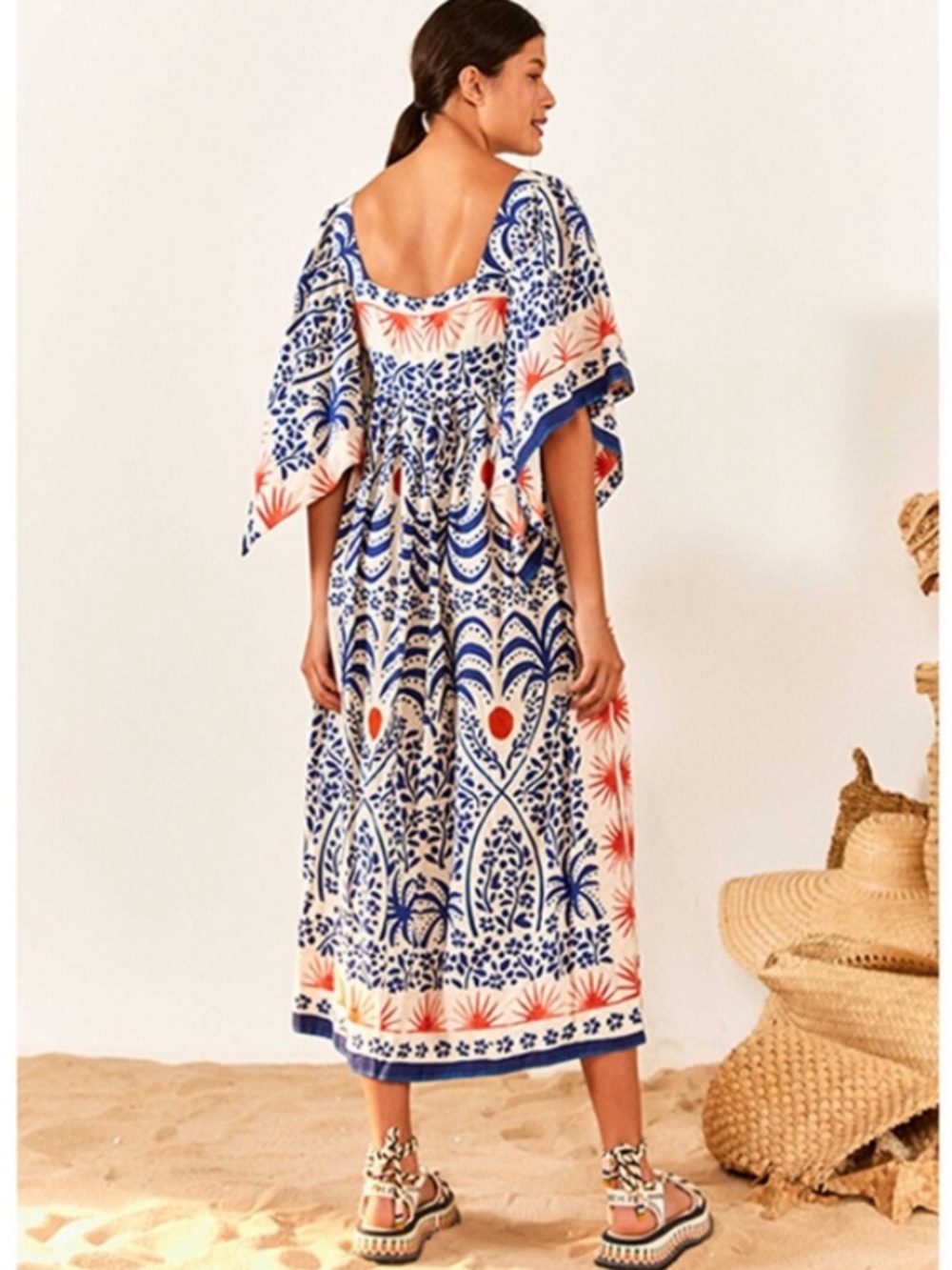 Farm Rio "Breeze" Blue & White Floral Maxi Dress with Orange Accents Size Medium - Picture 5 of 13